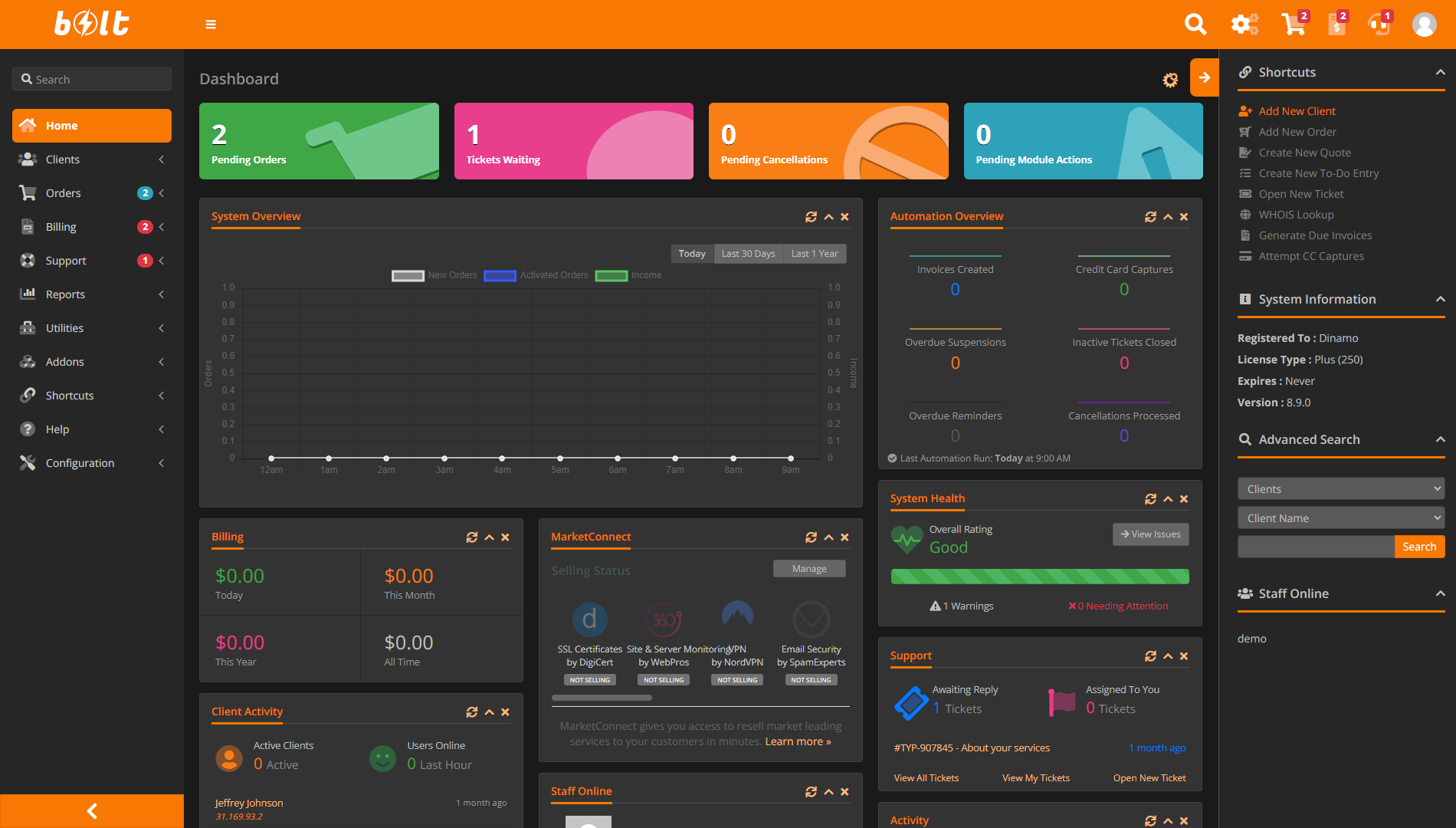 Bolt WHMCS Admin Theme - Orange Dark Desktop