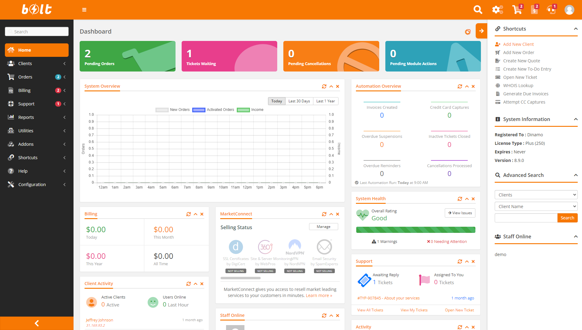 Bolt WHMCS Admin Theme - Orange Desktop