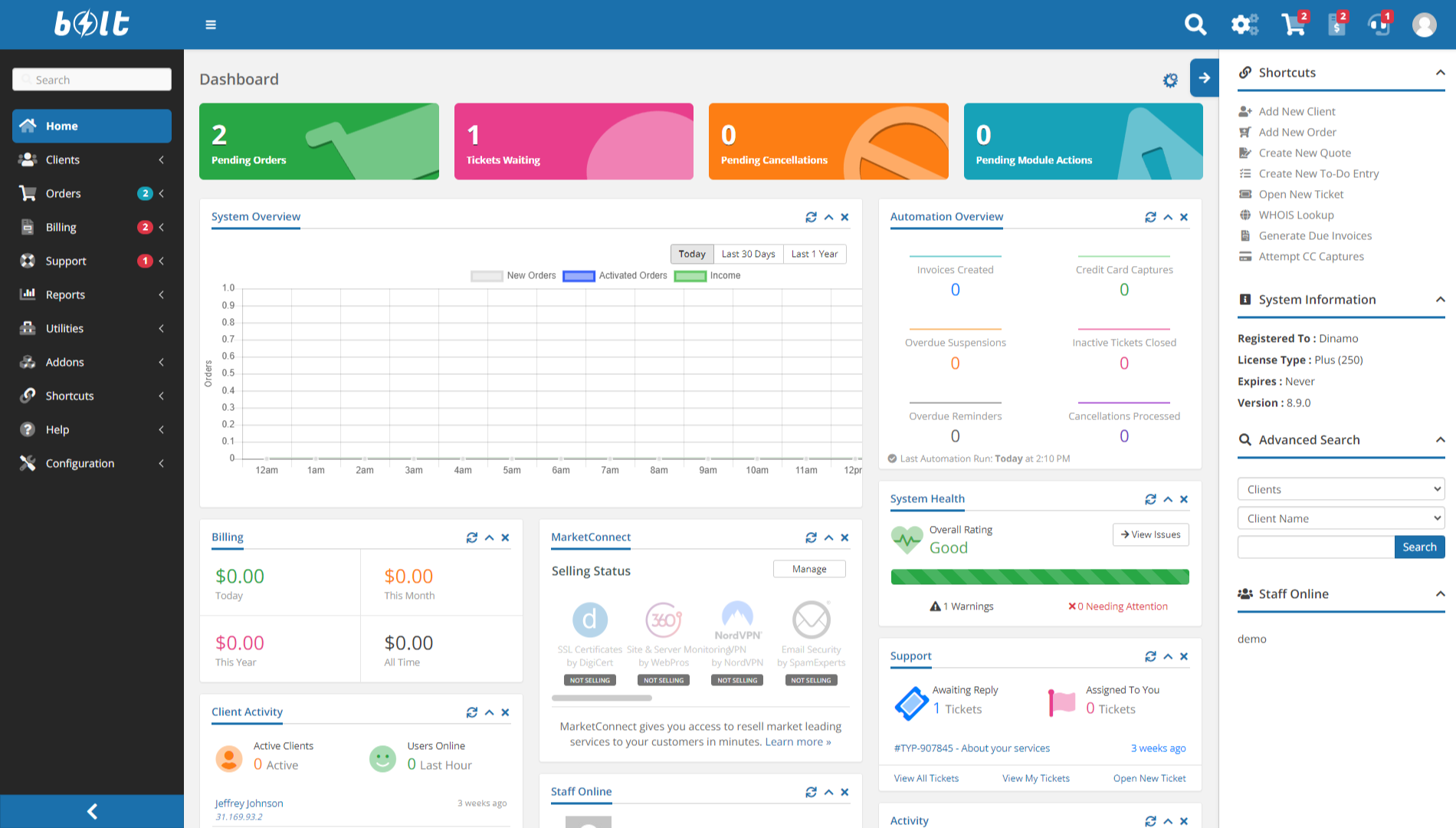 Bolt WHMCS Admin Theme - Desktop