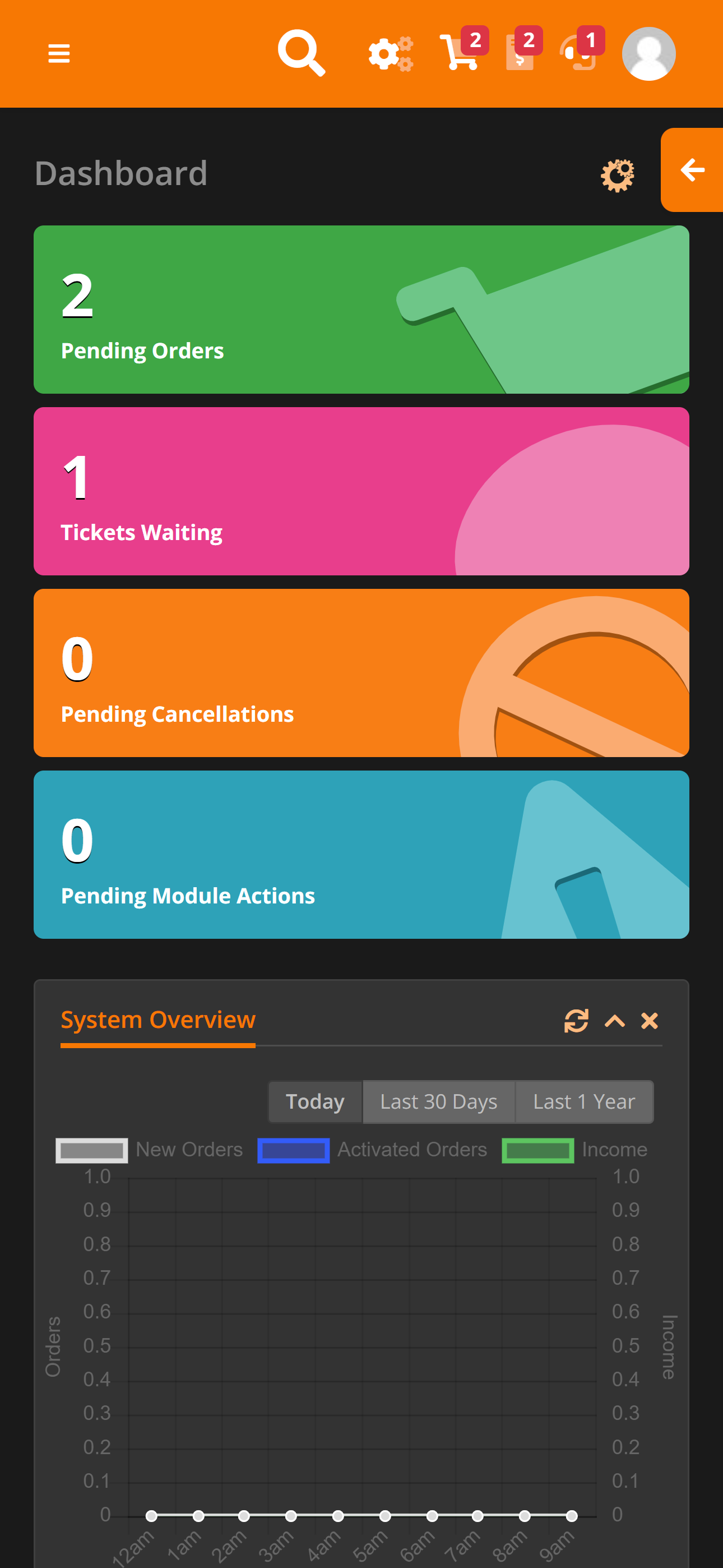 Bolt WHMCS Admin Theme - Orange Dark Mobile